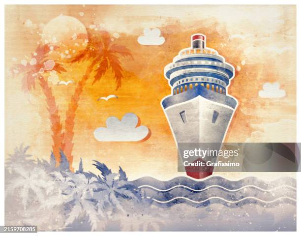 big modern cruise ship at sunset with palm trees and ocean waves watercolor illustration - lake reflection stock illustrations