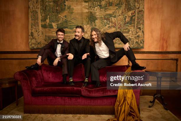 Daniel Radcliffe, Eric Appel and "Weird Al" Yankovic of 'Weird: The Al Yankovic Story' are photographed for EMMY Magazine on January 15, 2024 at the...