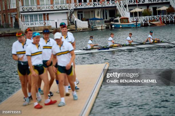 Competitors take part in a race on the River Thames at the Henley Royal Regatta in Henley-on-Thames, west of London, on July 2, 2024. UK water...