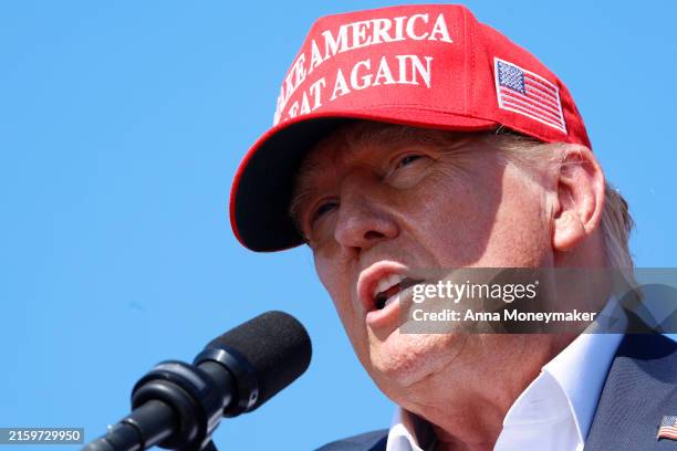 Republican presidential candidate, former U.S. President Donald Trump speaks during a rally at Greenbrier Farms on June 28, 2024 in Chesapeake,...