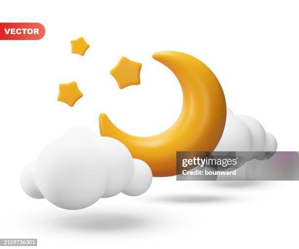 3d-mondsichel mit goldenen sternen und weißen wolken. vektor - mond stock-grafiken, -clipart, -cartoons und -symbole