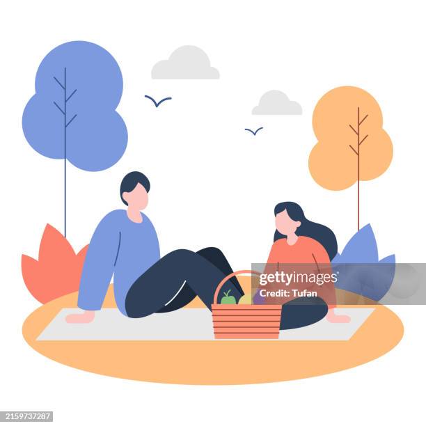 relaxing spring picnic illustration: serene outdoor scene with couple and basket - picnic stock illustrations