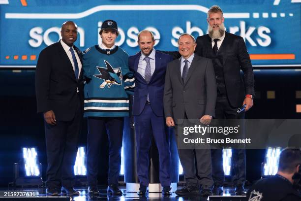 Macklin Celebrini is selected by the the San Jose Sharks with the first overall pick during the first round of the 2024 Upper Deck NHL Draft at...