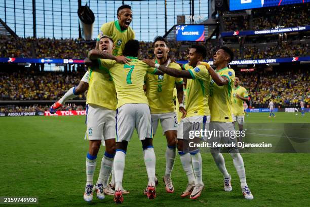 Vinicius Junior of Brazil celebrates after scoring the team's third goal during the CONMEBOL Copa America 2024 Group D match between Paraguay and...