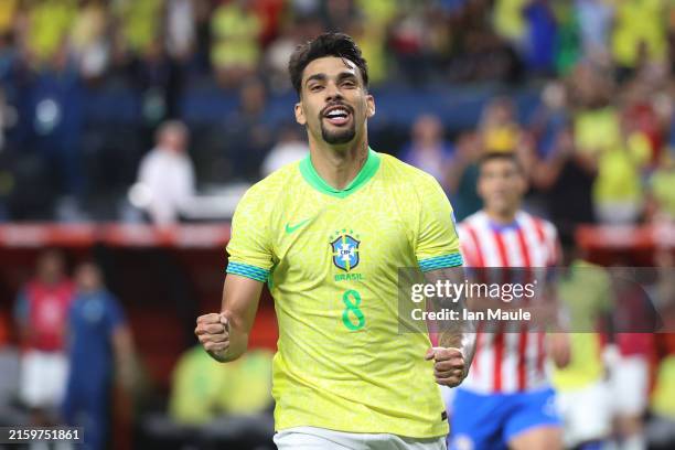 Lucas Paqueta of Brazil celebrates after scoring the team's fourth goal via penalty during the CONMEBOL Copa America 2024 Group D match between...