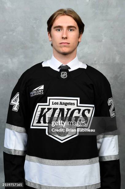 Liam Greentree poses for a portrait after being selected 26th overall by the Los Angeles Kings during the 2024 Upper Deck NHL Draft at Sphere on June...