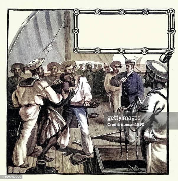 british royal navy sailors arresting the captain of a slave ship, off the east coast of africa, vintage illustration, 1880s. 19th century - abolitionism anti slavery movement stock illustrations