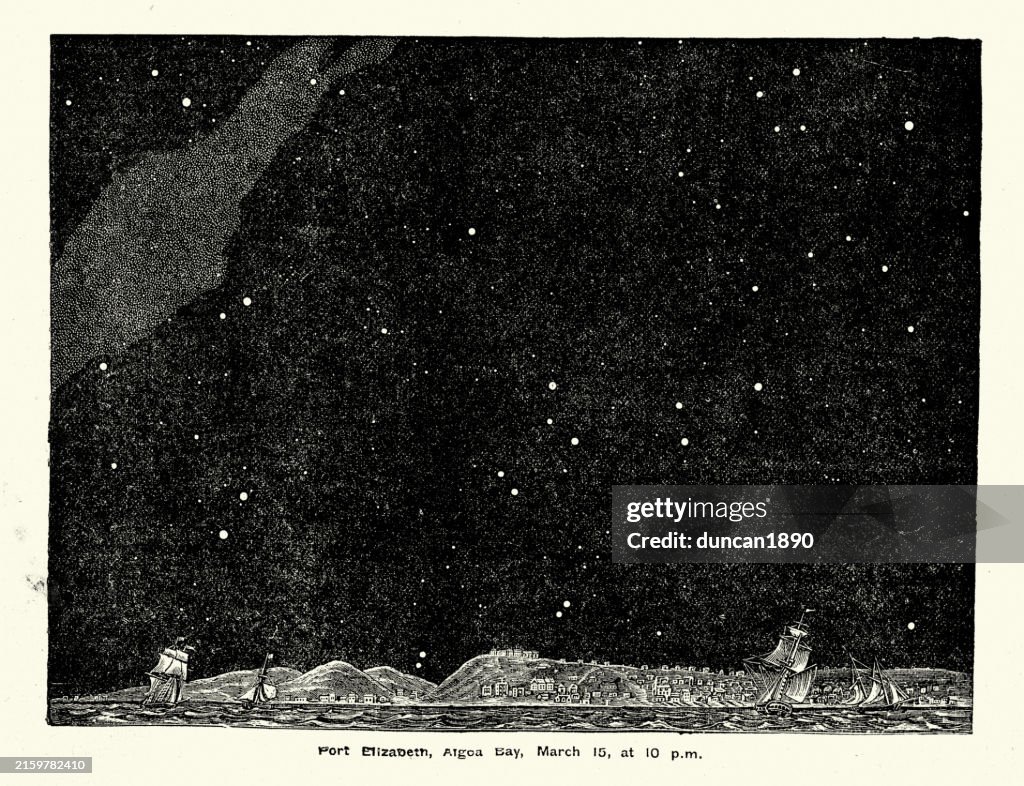 History of astronomy, Star chart, March 1883, Night sky over Port Elizabeth, Algoa Bay, Eastern Cape, South Africa, Victorian 19th Century vintage illustration