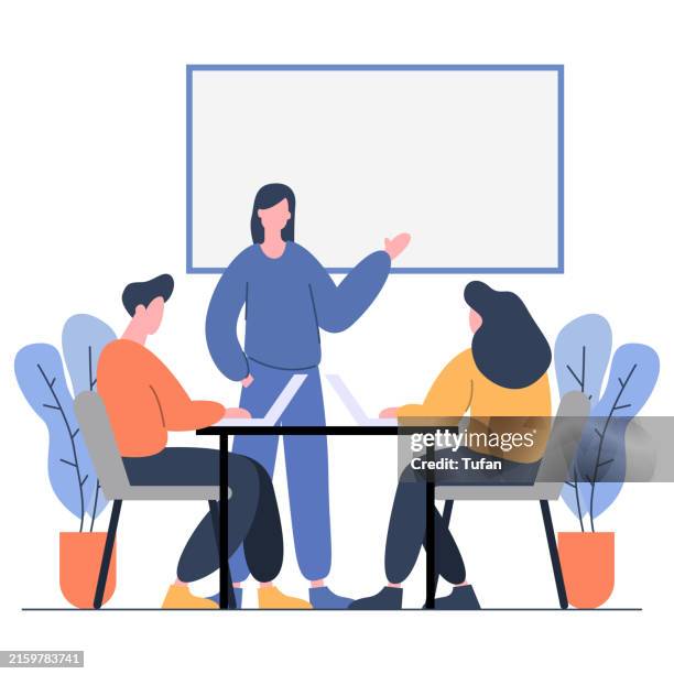 stockillustraties, clipart, cartoons en iconen met team meeting illustration: three colleagues engaging in a discussion with laptops and presentation board - vergadering