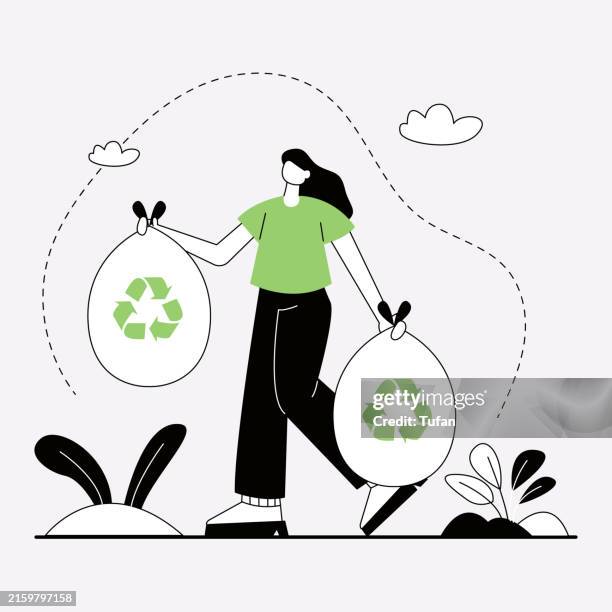 recycling und abfallwirtschaft illustration: frau trägt recycling-taschen in einer umweltfreundlichen szene - müllmann stock-grafiken, -clipart, -cartoons und -symbole