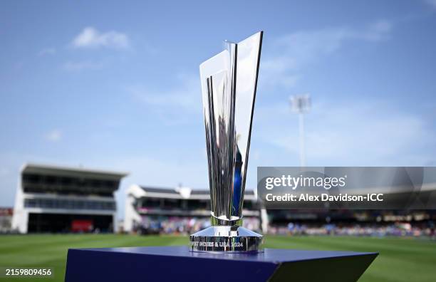 Detailed view of the ICC Men's T20 Cricket World Cup Trophy ahead of the ICC Men's T20 Cricket World Cup West Indies & USA 2024 Final match between...