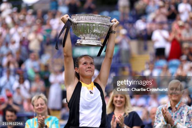 Daria Kasatkina celebrates with the Rothesay International Eastbourne Women’s Singles trophy following victory against Leylah Annie Fernandez of...