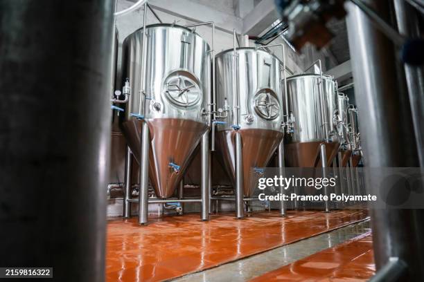 interior of modern brewery, small business, production of craft beer. - brouwerij stockfoto's en -beelden