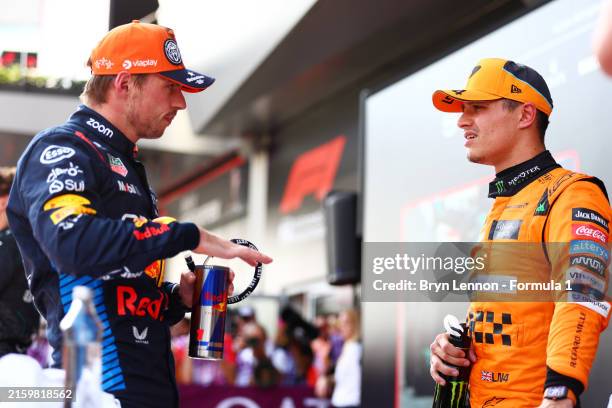 Pole position qualifier Max Verstappen of the Netherlands and Oracle Red Bull Racing and Second placed qualifier Lando Norris of Great Britain and...