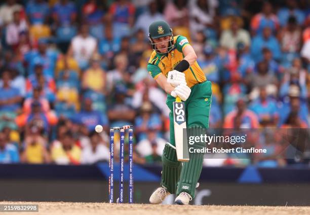 Marco Jansen of South Africa is bowled out by Jasprit Bumrah of India during the ICC Men's T20 Cricket World Cup West Indies & USA 2024 Final match...