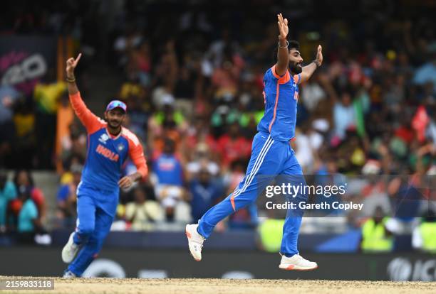Jasprit Bumrah of India celebrates after dismissing Marco Jansen of South Africa during the ICC Men's T20 Cricket World Cup West Indies & USA 2024...