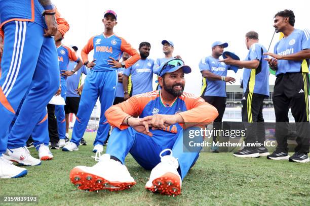 Rohit Sharma of India celebrates victory after winning the ICC Men's T20 Cricket World Cup following the ICC Men's T20 Cricket World Cup West Indies...