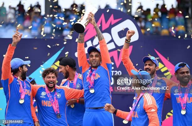 Suryakumar Yadav of India lifts the ICC Men's T20 Cricket World Cup Trophy following the ICC Men's T20 Cricket World Cup West Indies & USA 2024 Final...