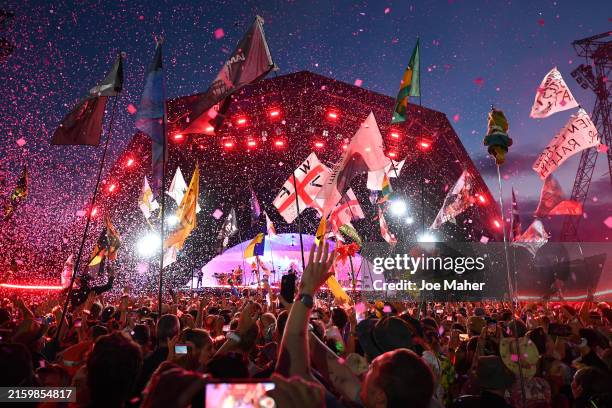 General view of the crowd listening to ColdPlay perform during day four of Glastonbury Festival 2024 at Worthy Farm, Pilton on June 29, 2024 in...