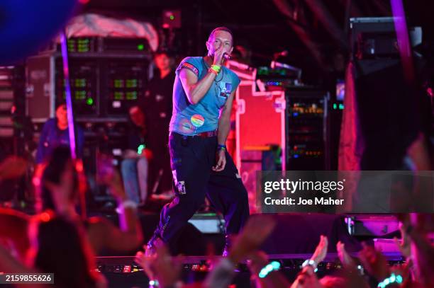 Chris Martin of the band ColdPlay perform on stage during day four of Glastonbury Festival 2024 at Worthy Farm, Pilton on June 29, 2024 in...
