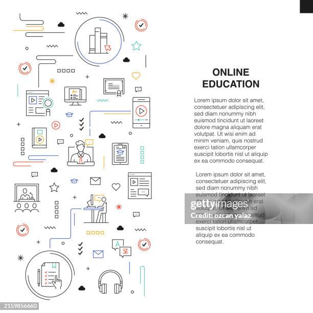 illustrazioni stock, clip art, cartoni animati e icone di tendenza di concetto di progettazione vettoriale relativo all'istruzione online. modello globale multisfera pronto all'uso. web banner, intestazione del sito web, rivista, applicazione mobile ecc. design moderno. - evento relativo allistruzione