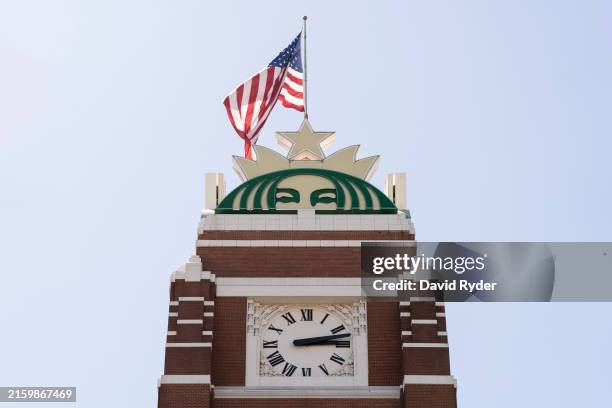 Logo atop the Starbucks headquarters is seen at Starbucks Center on July 3, 2024 in Seattle, Washington.
