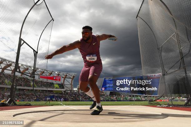 Reggie Jagers competes in the men's discus throw final on Day Nine of the 2024 U.S. Olympic Team Track & Field Trials at Hayward Field on June 29,...