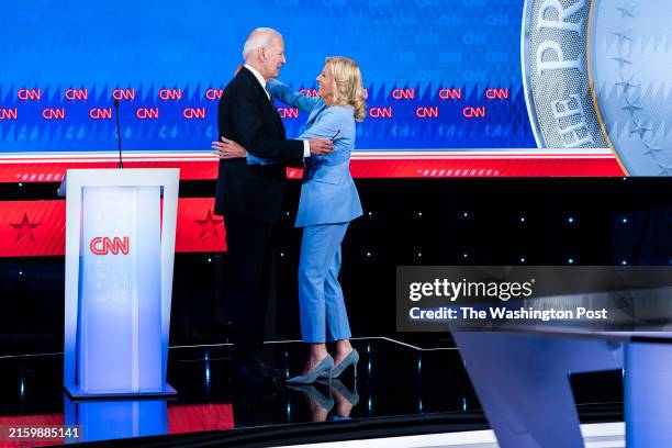 Atlanta, GA First Lady Jill Biden greets President Joe Biden moments after he and former president Donald Trump participated in the first...