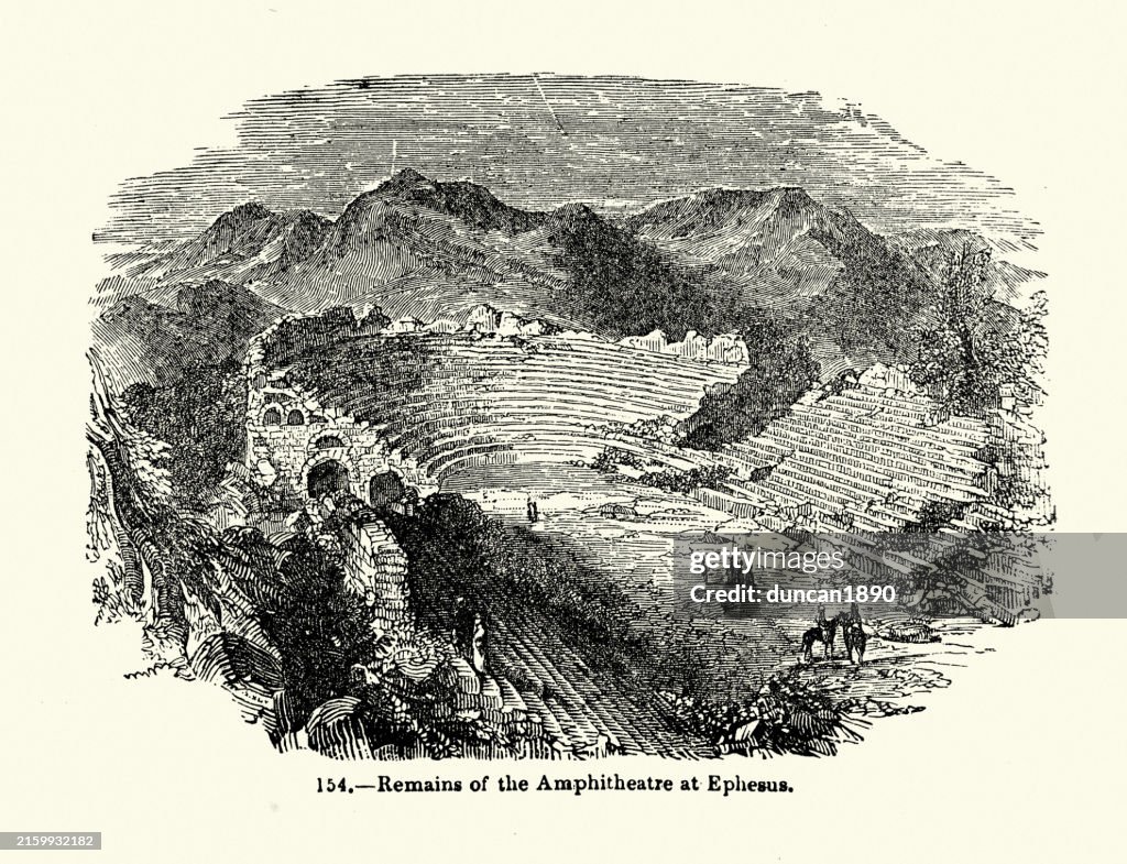 History Ancient Roman architecture, Ruins of Roman Amphitheatre at Ephesus, 19t Century woodcut