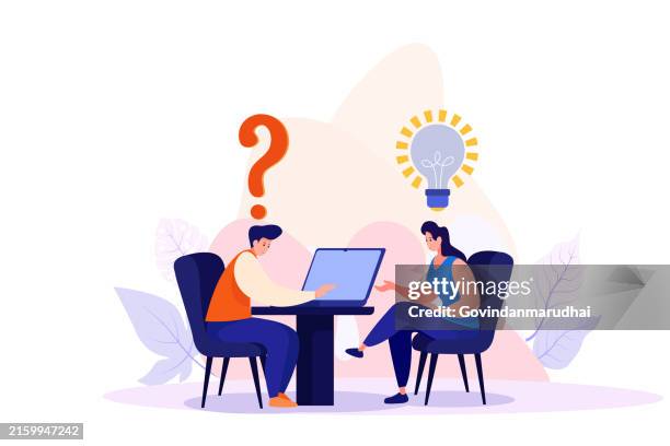 stockillustraties, clipart, cartoons en iconen met businesswoman holding question mark with other reply with lightbulb, question and answer, solving problem or business solution, ask for reply or idea to solve difficulty and trouble, faq concept. - vragen en antwoorden