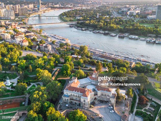 aerial view of the river in belgrade and bridges over the sava and danube - belgrade serbia stock pictures, royalty-free photos & images