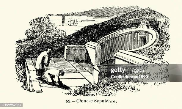 vintage illustration, ancient architecture, chinese sepulchre, 19th century woodcut - graveyard stock illustrations