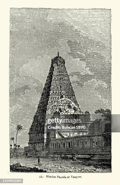 vintage illustration, ancient architecture, hindu temple pagoda, at thanjavur, india, 19th century woodcut - brihadisvara temple stock illustrations
