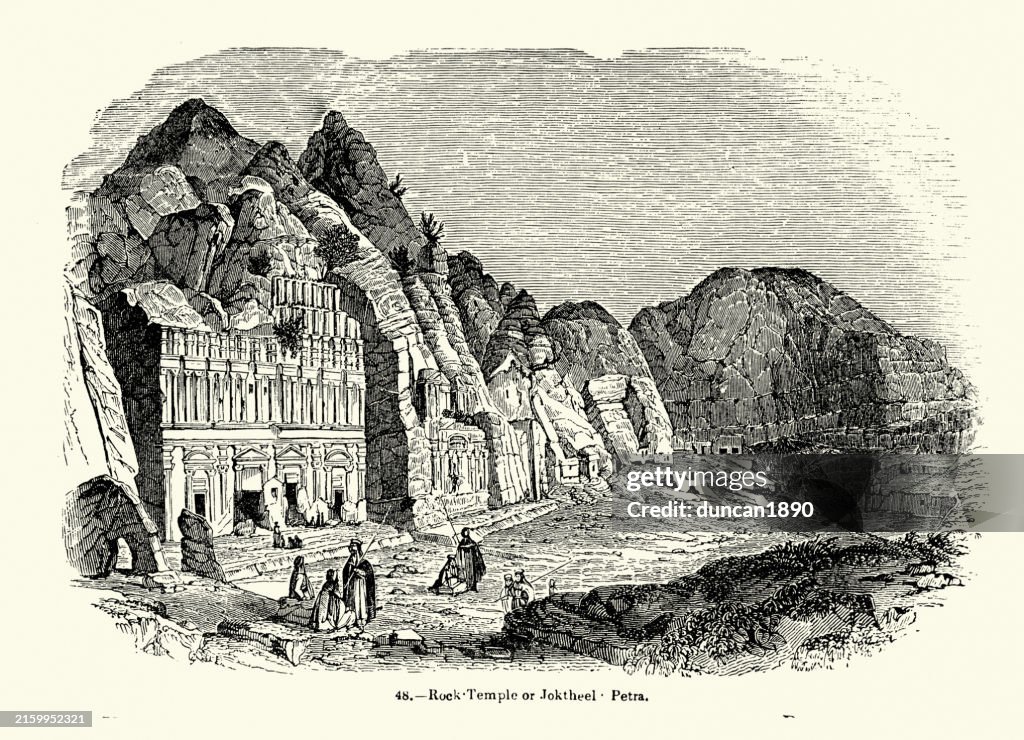 Vintage illustration, Ancient architecture, Rock temple or Joktheel, Petra, 19th Century Woodcut