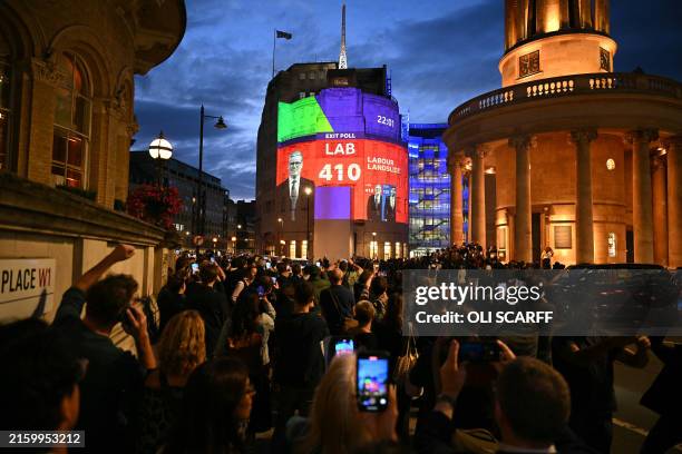 An exit poll predicting that the Labour Party led by Keir Starmer will win 410 seats in Britain's general election is projected onto BBC Broadcasting...