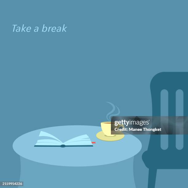 hot coffee beverage and book on table with a comfortable chair. take a break, drinking beverage and reading favorite book. relaxing on holiday vacation, minimal style vector illustration. - students cafeteria stock illustrations