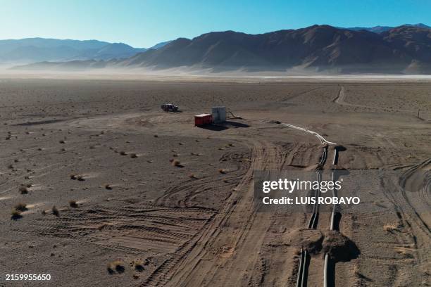 Aerial view of a brine pumping station in the Eramine lithium extraction plant at Salar Centenario Ratones in Salta province, Argentina, taken on...