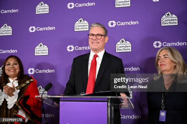 Labour leader Keir Starmer reacts after winning the constituency of Holborn and St Pancras during the UK general election on July 5, 2024 in London,...