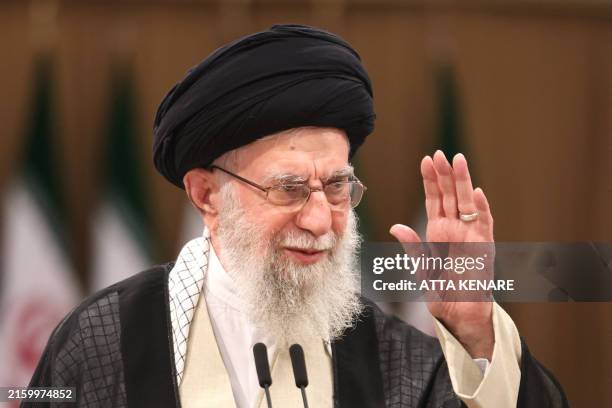 Iran's supreme leader Ayatollah Ali Khamenei speaks after casting his ballot during the runoff presidential election in Tehran on July 5, 2024. Polls...
