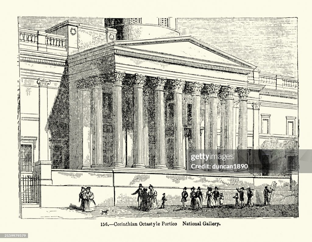 Neo classical architecture, Corinthian Octastyle Portico, National Gallery, London, 19th Century Woodcut