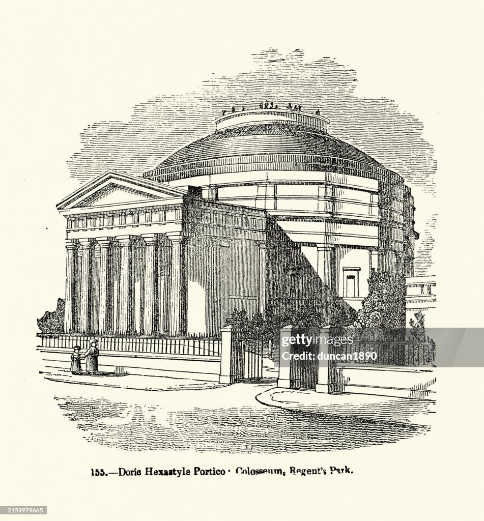 Neo classical architecture, Dorie Hexastyle Portico, London Colosseum, Regent's Park, 19th Century Woodcut