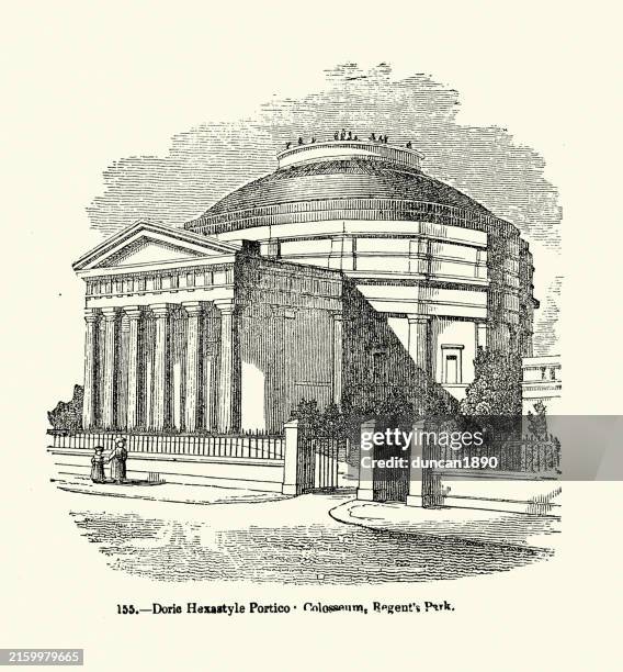 neo classical architecture, dorie hexastyle portico, london colosseum, regent's park, 19th century woodcut - regent street stock illustrations