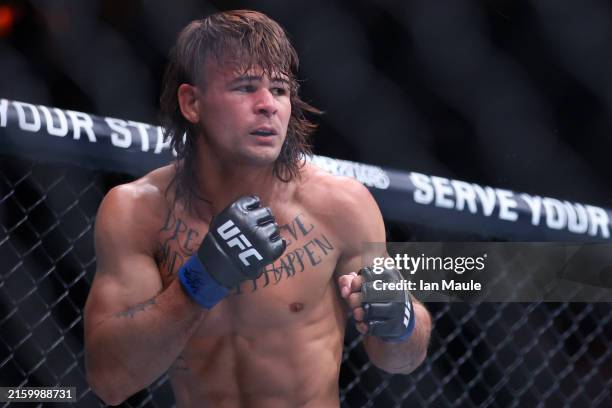 Diego Lopes of Brazil looks on during a lightweight bout during UFC 303 at T-Mobile Arena on June 29, 2024 in Las Vegas, Nevada.