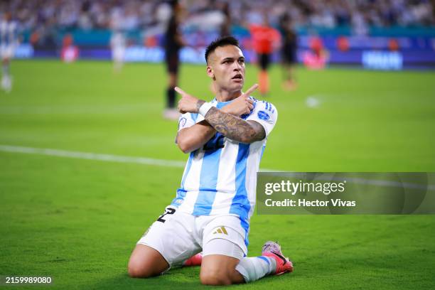 Lautaro Martinez of Argentina celebrates after scoring the team's first goal during the CONMEBOL Copa America 2024 Group A match between Argentina...