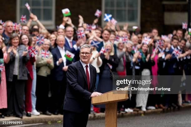 Labour leader and incoming Prime Minister Sir Keir Starmer speaks to the media as he enters 10 Downing Street following Labour's landslide election...