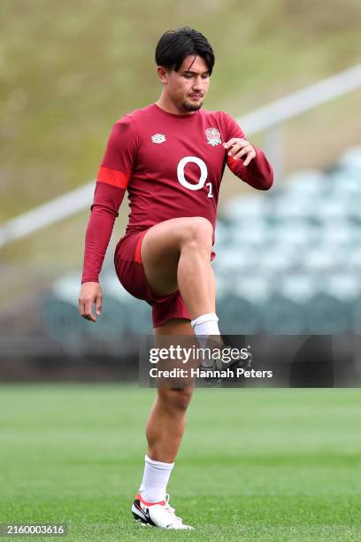 Marcus Smith of England runs through training drills during an England training session at North Harbour Stadium on July 01, 2024 in Auckland, New...