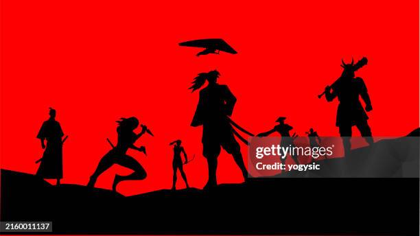 vector samurai warriors team silhouette stock illustration - ninja stock illustrations