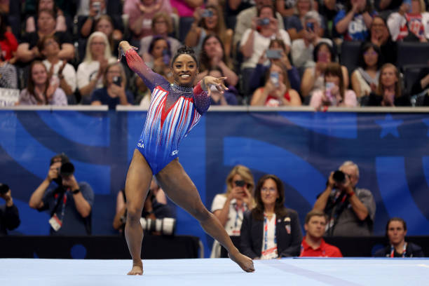 Simone Biles competes in the floor exercise on Day Four of the 2024 U.S. Olympic Team Gymnastics Trials at Target Center on June 30, 2024 in...