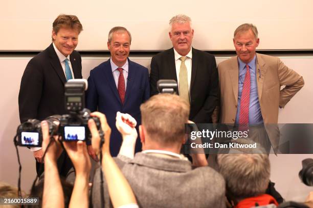Chairman of Reform UK, Richard Tice, Leader of Reform UK, Nigel Farage, MP for Ashfield, Lee Anderson and MP for Great Yarmouth, Rupert Lowe pose for...
