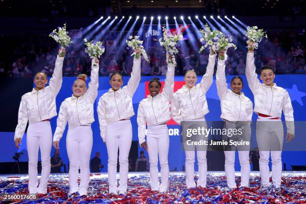 Hezly Rivera, Joscelyn Roberson, Suni Lee, Simone Biles, Jade Carey, Jordan Chiles and Leanne Wong pose after being selected for the 2024 U.S....